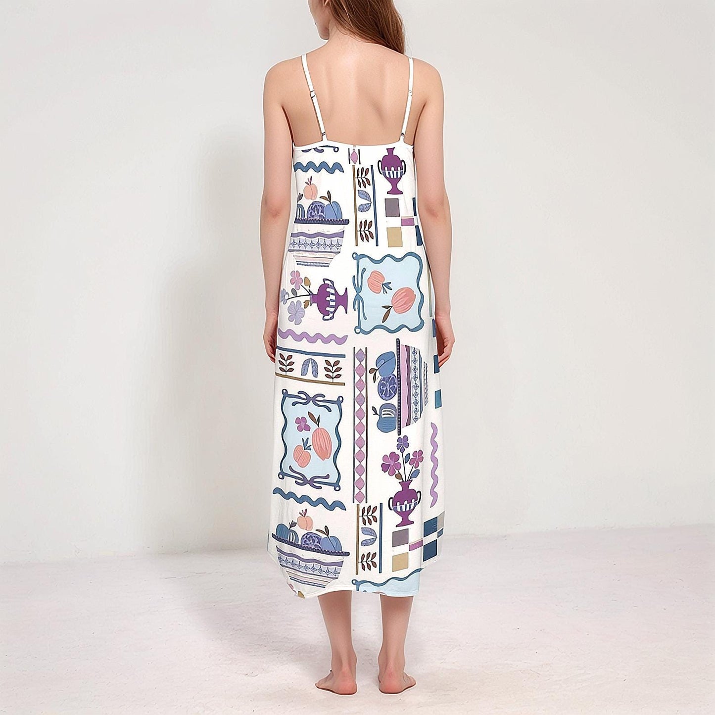 Womens Modern Fruit Print Cami V Neck Maxi Dress | Perfect for Spring and Summer | Chic and Trendy for Any Occasion