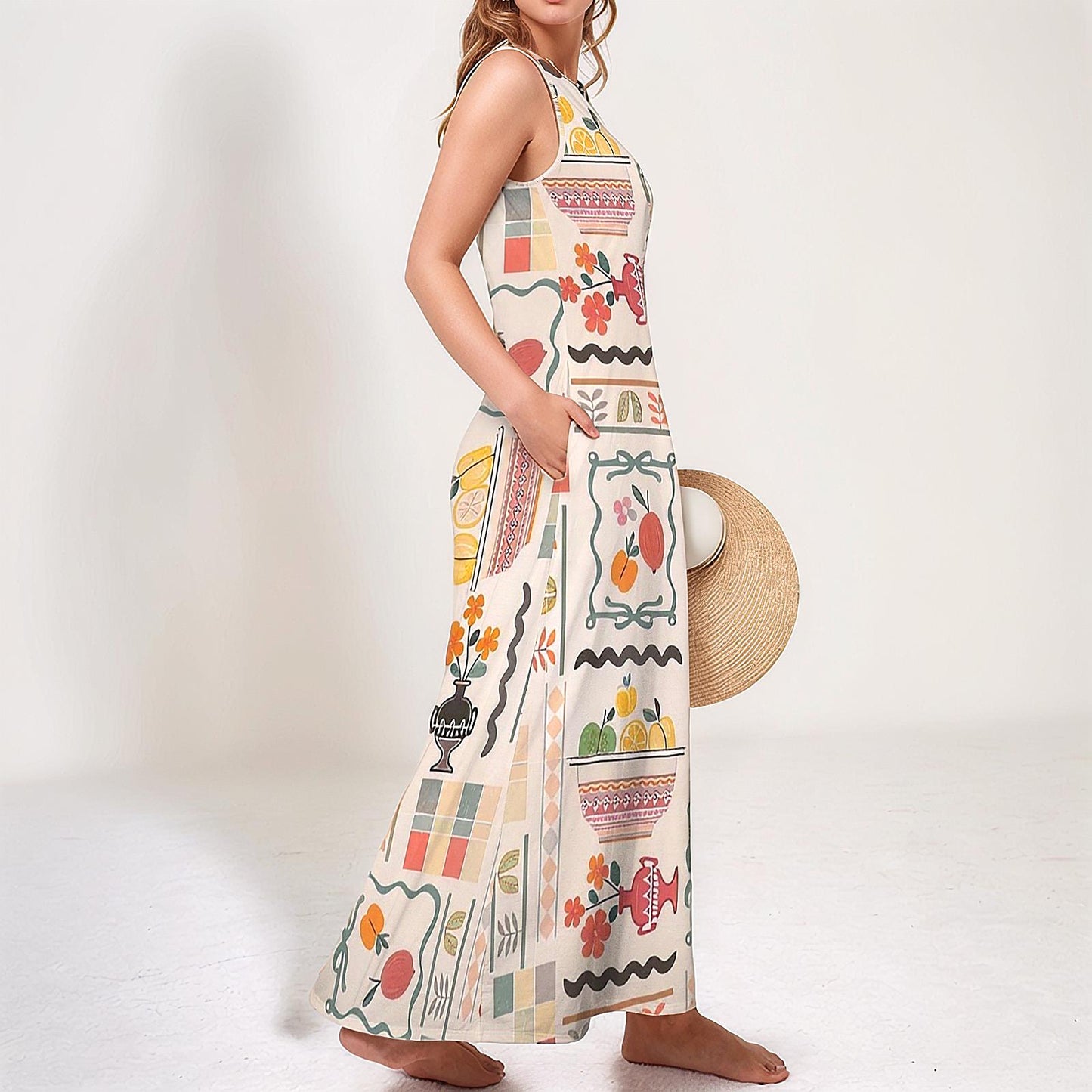 Womens Modern Fruit Print Sleeveless Maxi Dress | Stylish and Comfortable | Perfect for Spring and Summer | Chic and Trendy for Any Occasion