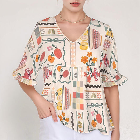 Womens Fruit Print V Neck Half Sleeve Top | Stylish and Comfortable | Perfect for Spring and Summer | Trendy and Casual for Any Occasion