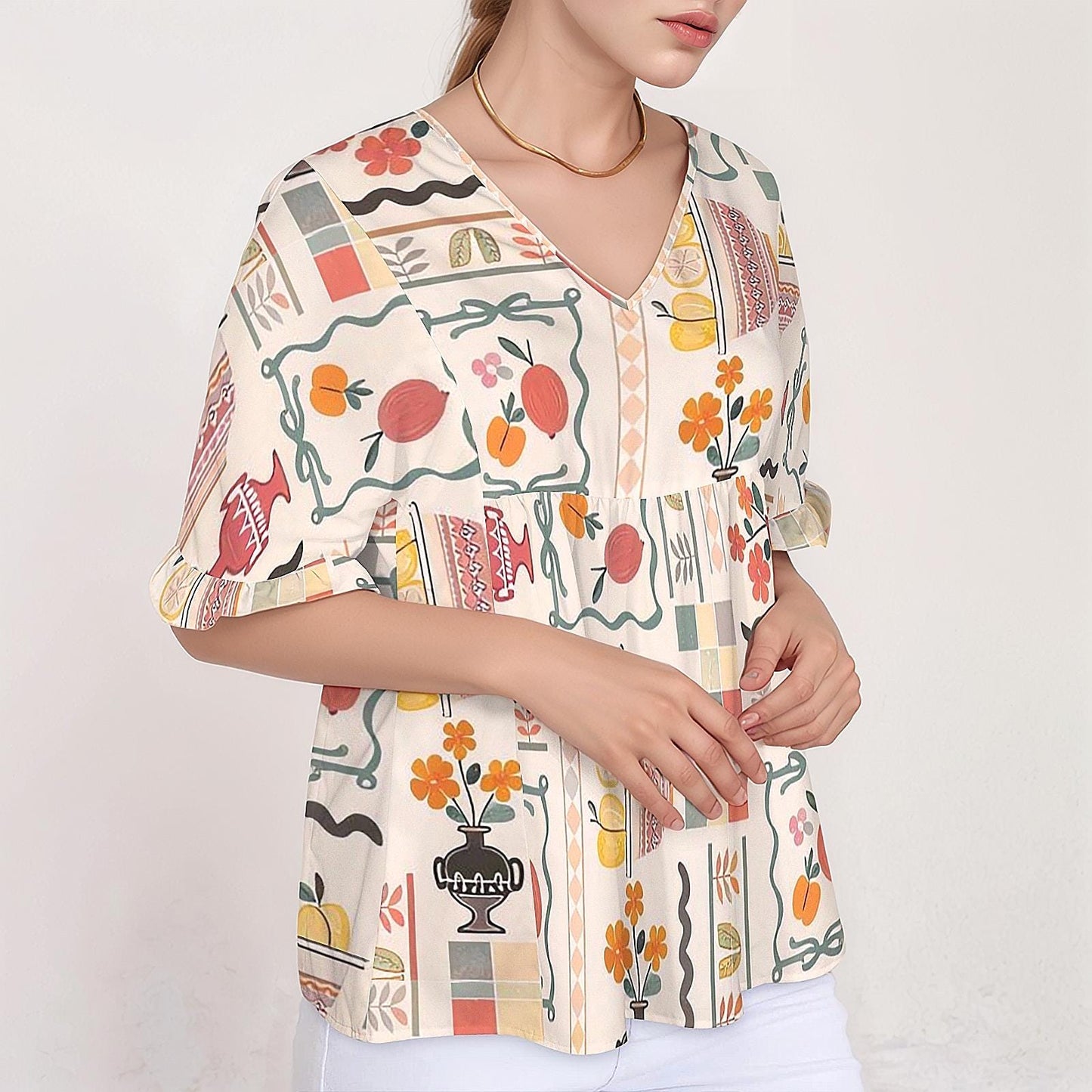 Womens Fruit Print V Neck Half Sleeve Top | Stylish and Comfortable | Perfect for Spring and Summer | Trendy and Casual for Any Occasion