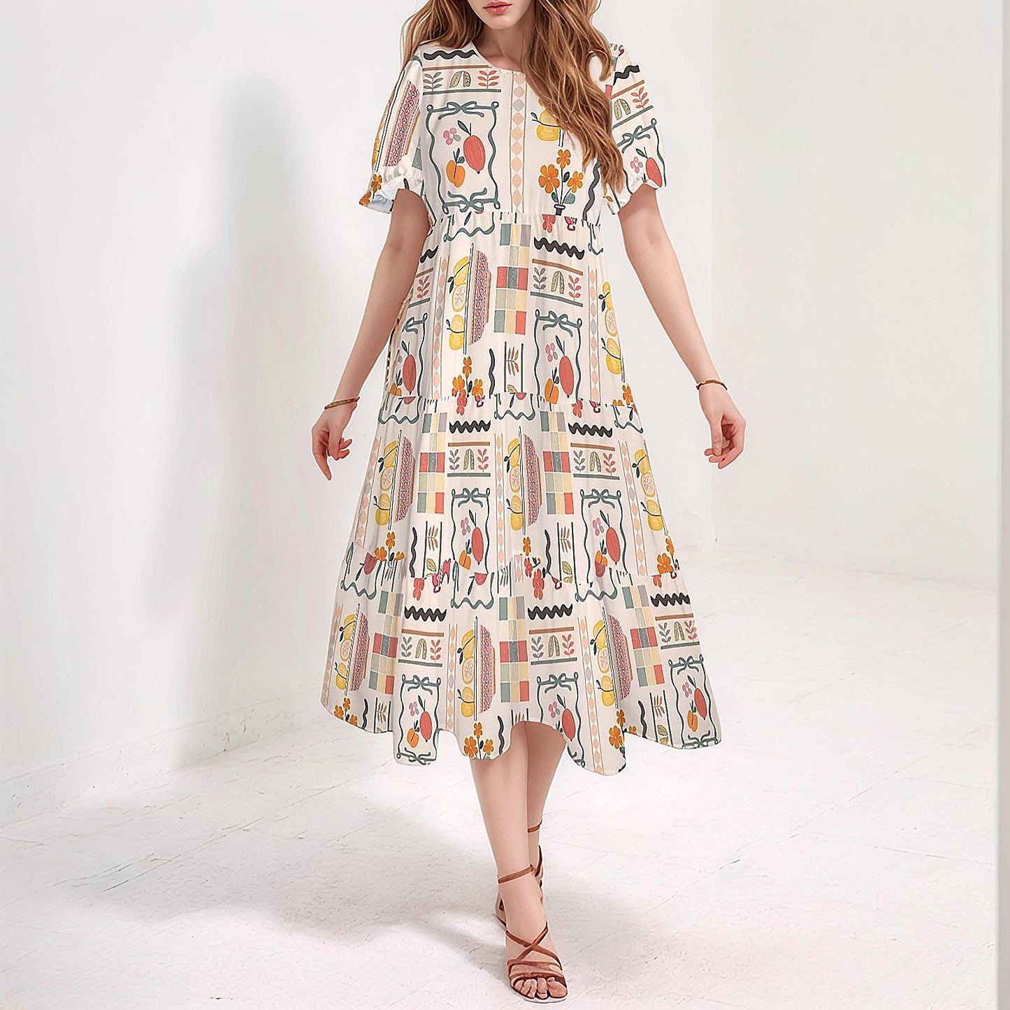 Womens Fruit and Floral Print Puff Sleeve High Waist Maxi Dress | Stylish and Comfortable | Perfect for Spring and Summer | Chic and Elegant