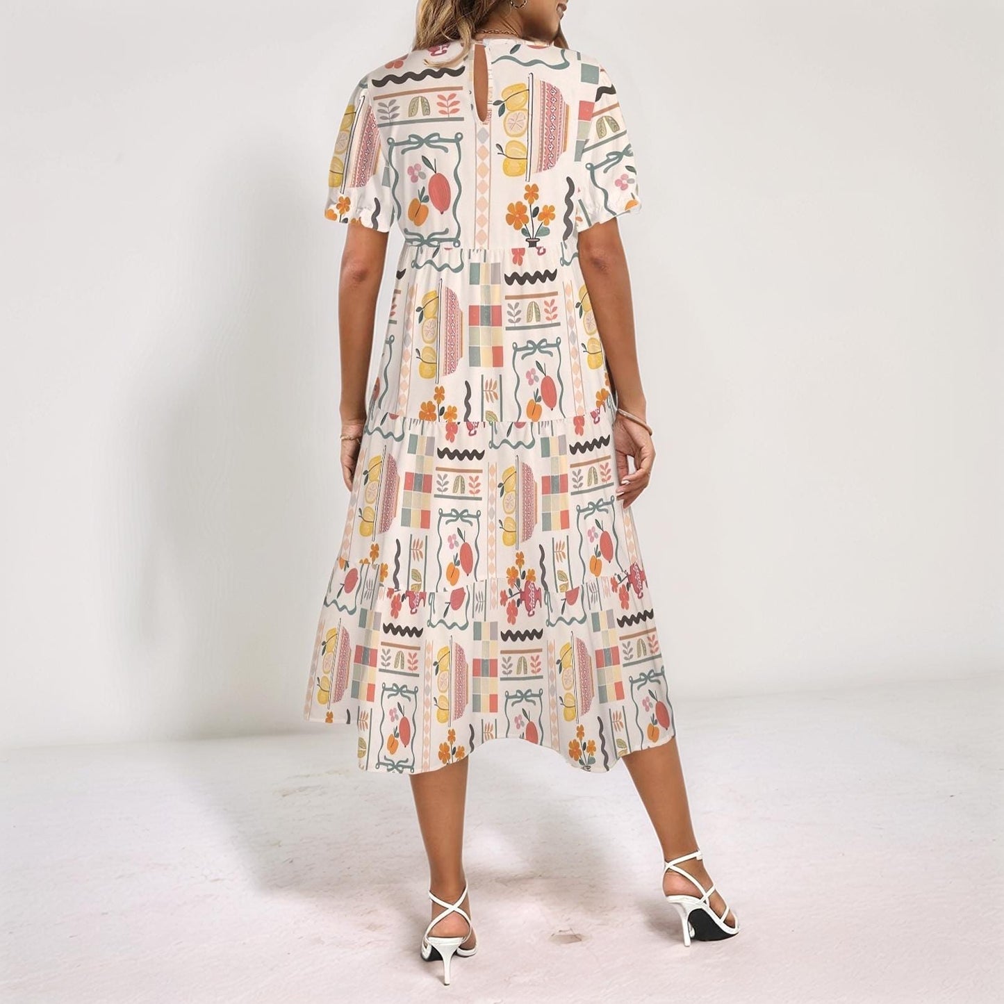Womens Fruit and Floral Print Puff Sleeve High Waist Maxi Dress | Stylish and Comfortable | Perfect for Spring and Summer | Chic and Elegant