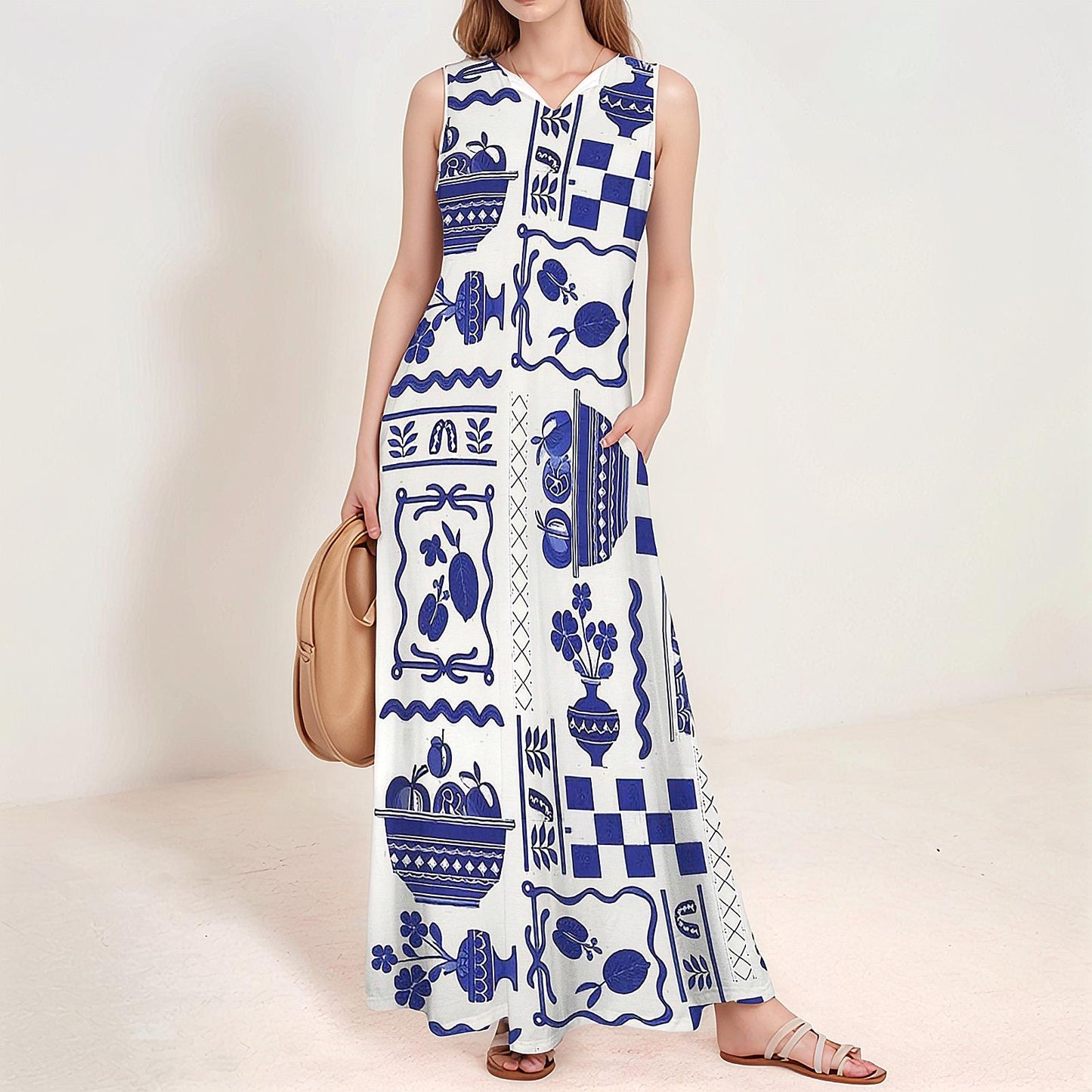 Womens Modern Fruit Print Sleeveless Maxi Dress | Perfect for Spring and Summer | Trendy and Casual for Any Occasion