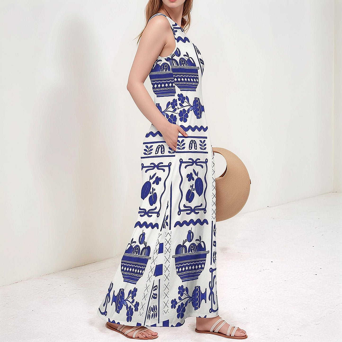 Womens Modern Fruit Print Sleeveless Maxi Dress | Perfect for Spring and Summer | Trendy and Casual for Any Occasion