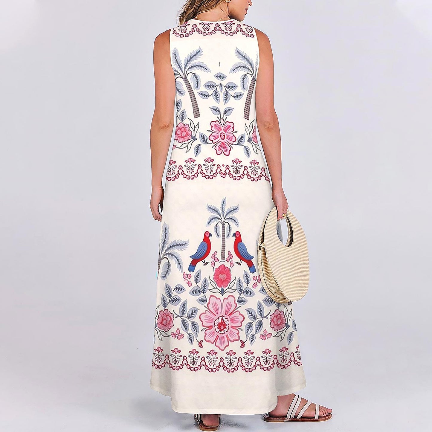 Womens Tropical Palm Tree and Parrot Print Sleeveless Maxi Dress | Stylish and Comfortable | Perfect for Spring and Summer