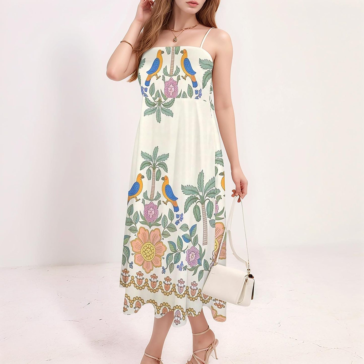 Womens Tropical Palm Tree and Bird Print Spaghetti Strap Flowy Midi Dress | Stylish and Comfortable | Perfect for Spring and Summer