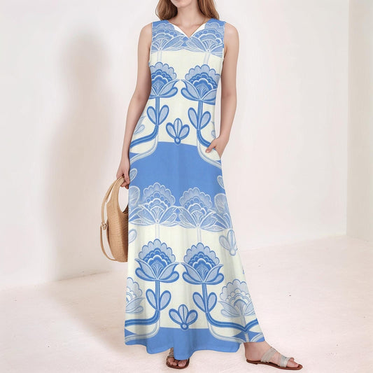 Women's Floral V-Neck Maxi Dress | Blue and White Floral Dress | Summer Spring Dress | Comfortable Casual Maxi Dress for Women