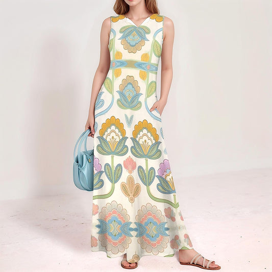 Women's Floral Sleeveless Maxi Dress | Colorful Spring Summer Dress | Casual Floral Dress with Pockets | Comfortable V-Neck Dress