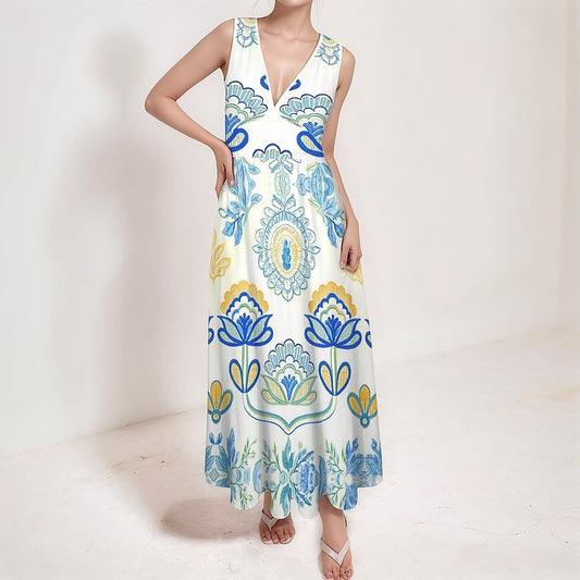 Women's Floral V-Neck Maxi Dress | Blue and Yellow Floral Print | Sleeveless Summer Dress | Comfortable and Stylish for Warm Weather