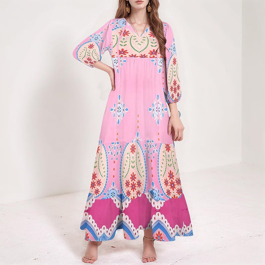 Women's Floral V-Neck Maxi Dress | Pink Boho Print Dress | Long Sleeve Casual Dress | Comfortable and Stylish for Spring Summer