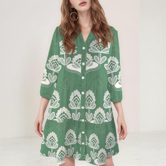 Women's Floral Button-Down Dress | Green Floral Print Dress | Casual 3/4 Sleeve Dress | Comfortable and Stylish for Spring Summer