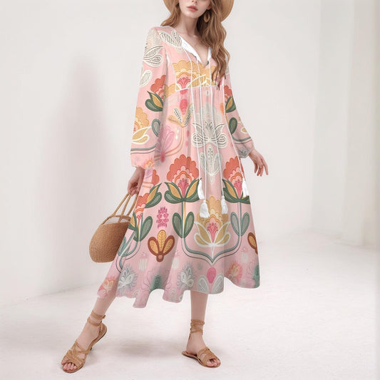Women's Floral Long Sleeve Dress | Boho Pink Maxi Dress | Casual V-Neck Dress with Tassel Detail | Comfortable and Stylish for Spring