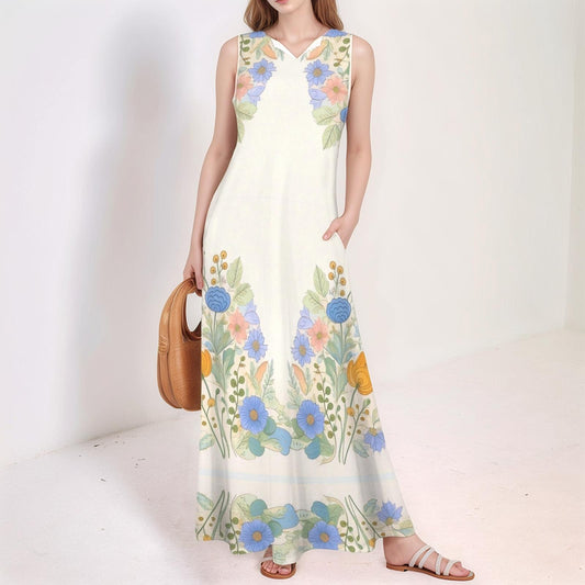 Women's Floral Sleeveless Maxi Dress | Floral Print V-Neck Dress | Summer Boho Dress | Relaxed and Chic for Every Occasion