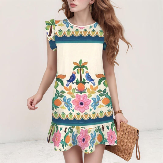 Women's Floral Ruffle Sleeve Dress | Tropical Floral Print Dress | Short Sleeve Dress with Birds and Flowers | Casual Summer Dress
