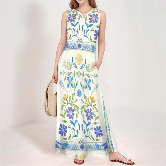 Women's Floral V-Neck Maxi Dress | Vibrant Floral Print Dress | Sleeveless Summer Dress | Comfortable and Elegant for Everyday Wear