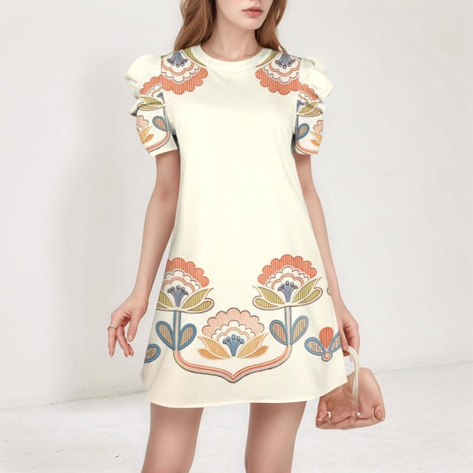 Women's Floral Puff Sleeve Dress | Vintage Floral Print Dress | Short Sleeve Casual Dress | Comfortable and Stylish for Every Occasion