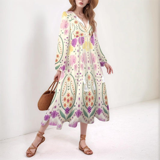 Women's Boho Floral Maxi Dress | V-Neckline with Tassel Detail | Long Sleeve Floral Dress | Elegant Summer Style
